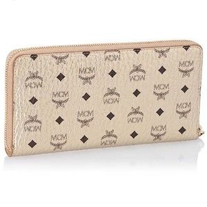 MCM authentic shiny beige and black monogram zip around wallet